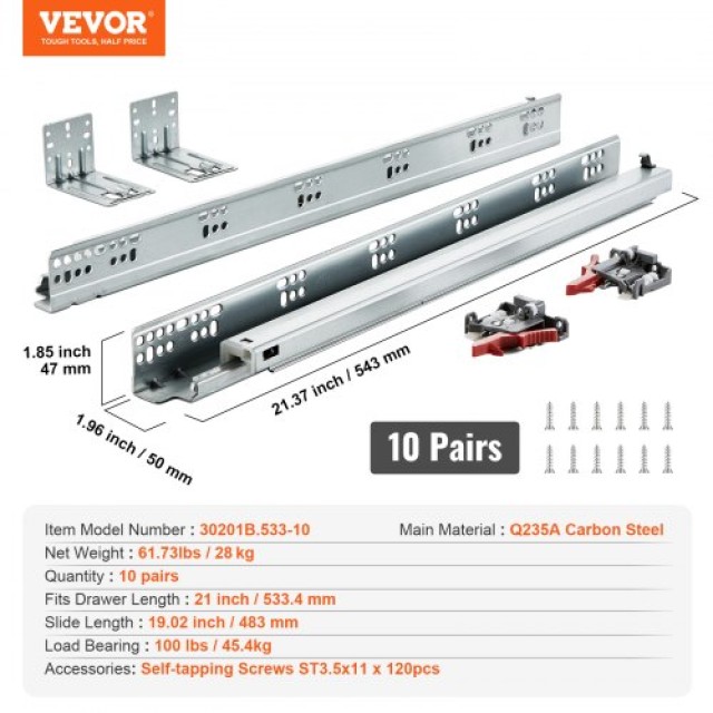 VEVOR 10 Ζεύγη Συρταρωτών Οδηγών 533.4mm, Βαρέως Τύπου με Αθόρυβο Κλείσιμο, 100 Lbs  DZYZSCTHG1001JZM6V0