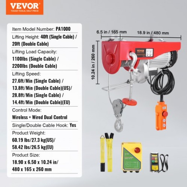Ηλεκτρικός Γερανός VEVOR 1000 kg με Ασύρματο & Ενσύρματο Χειριστήριο  DDGSSHLYXWXSTO5XWV2