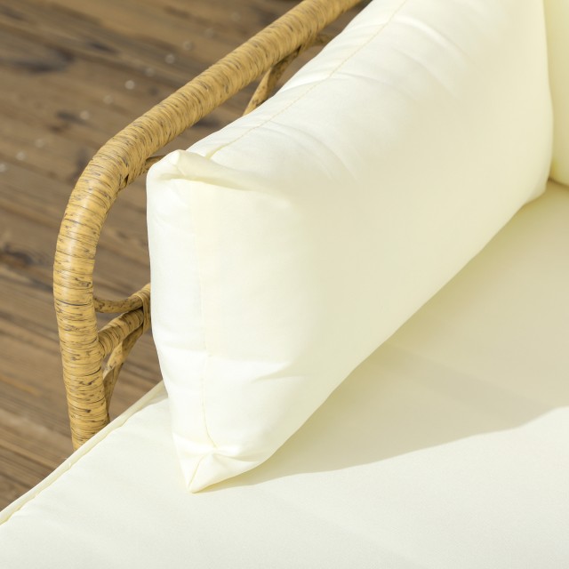 PE Rattan Garden Lounge με σεζλόνγκ, 2θέσιο καναπέ και τραπεζάκι σαλονιού, κρέμα 84G-359V00CW