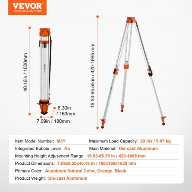 VEVOR Τρίποδο για Laser Level, Ρυθμιζόμενο Ύψος 42-166 cm, Σπείρωμα 5/8-11  JZSJJZYSSTS02U6QMV0