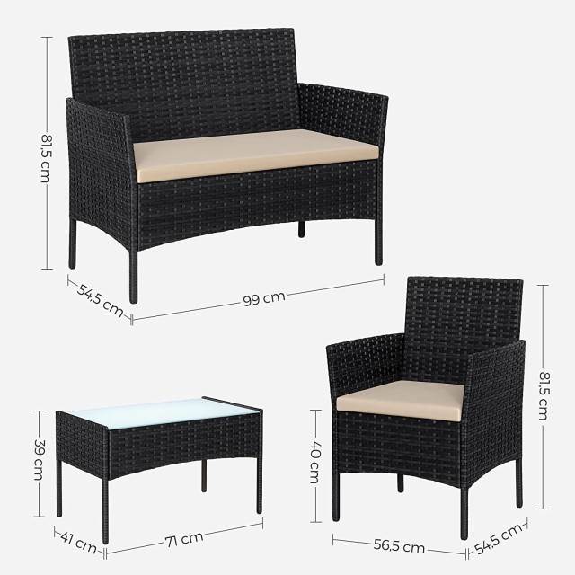 SONGMICS Σετ Έπιπλα Βεράντας - Κήπου Premium PE Polyrattan, Μαύρα,GGF004B05 