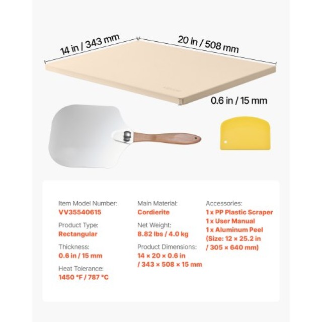VEVOR Πέτρινη Πλάκα Ψησίματος από Κορδιερίτη 508 x 355 mm με Αλουμι...