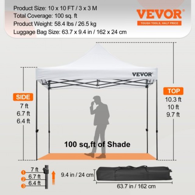 VEVOR  10x10 Πτυσσόμενη Τέντα με Αφαιρούμενα Πλευρικά και Τροχήλατη Τσάντα, Λευκή DCSLTZP1010FTX08HV0