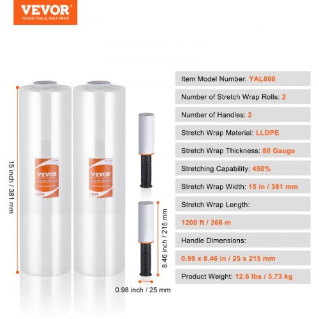 VEVOR Διάφανη Μεμβράνη Συσκευασίας, 15x1200, 2τμχ, 80 Gauge, με Λαβές για Παλέτες  LSM15INCH1203CTQTV0