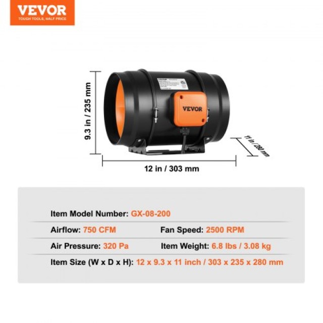 VEVOR  Κιτ Ανεμιστήρα Αγωγού 203.2mm με Έλεγχο Ταχύτητας AC XLGDFJYCHSAC845CBV2