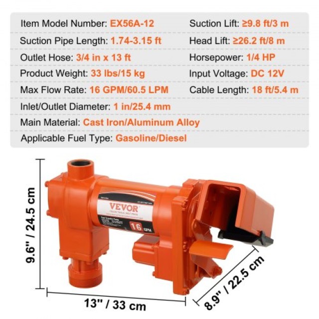 VEVOR Αντλία Μεταφοράς Καυσίμου 12V DC, Αυτοκίνητη 16 GPM, με Αυτόμ...