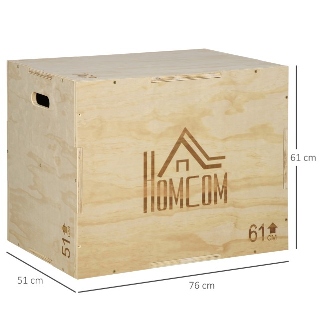 HOMCOM Ξύλινο Plyo Box σε 3 Ύψη, Plyometric Jumping Box Χωρητικότητα 120kg, 61x51x76cm A93-053V01