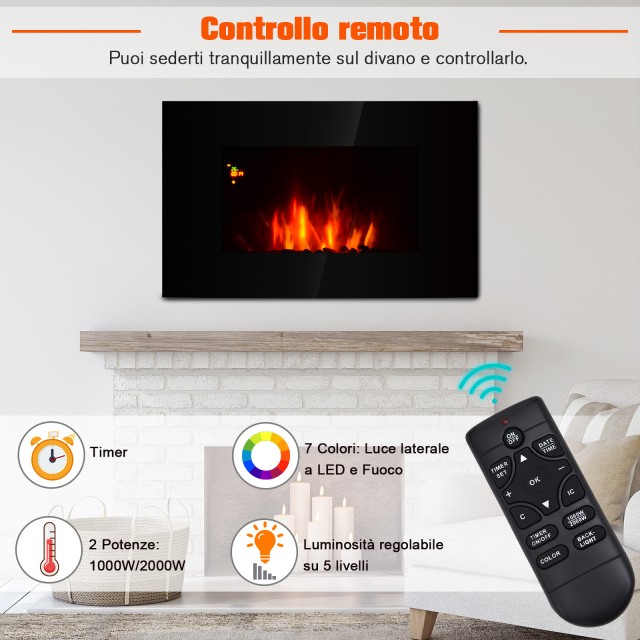 Homcom Ηλεκτρικό Τζάκι τοίχου ή δαπέδου 2000W με 7 Χρώμα LED Φλόγα,...