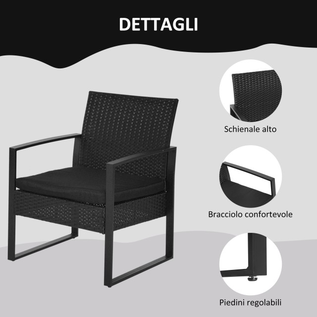 Outsunny Σετ Έπιπλα εξωτερικού χώρου Rattan Τραπεζάκι σαλονιού με 2 καρέκλες με μαξιλάρια, μαύρο 863-012