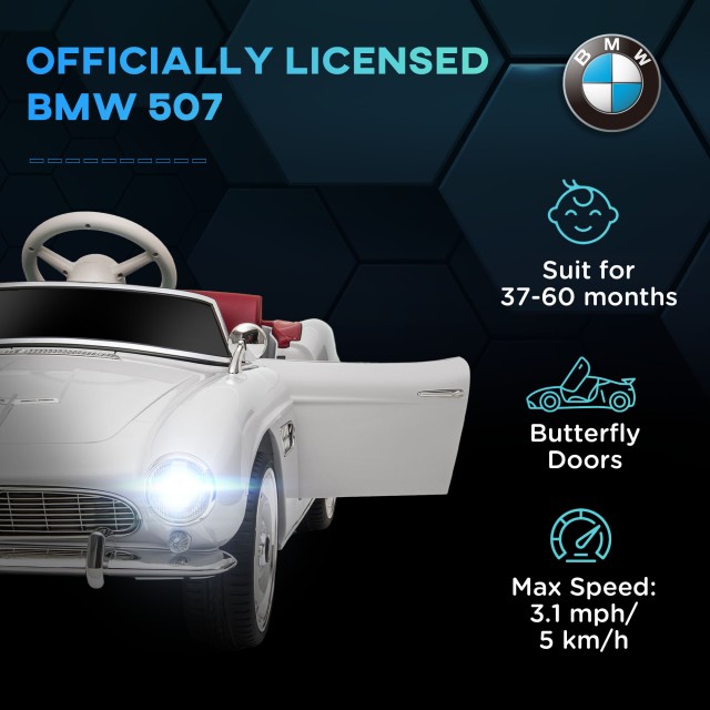 HOMCOM Electric Ride-On Toy Car για Παιδιά με 2 Πόρτες με άδεια BMW 507, με κόρνα και τηλεχειριστήριο, 115x55x47 cm, Λευκό 370-305V90WT