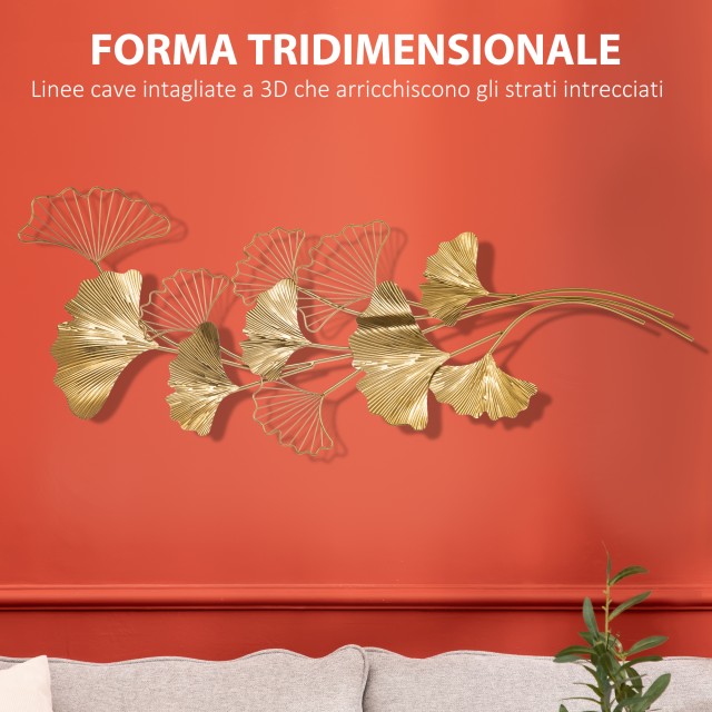HOMCOM 3D Μεταλλική Διακόσμηση Τοίχου, Golden Ginkgo Leaves Wall Art 138x70cm 830-653V00GD