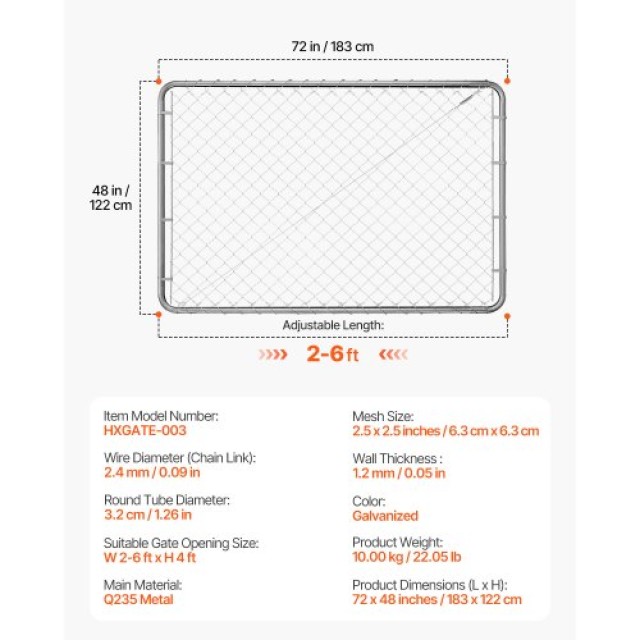 VEVOR Πύλη Φράχτη 2.2-6 ft x 6 ft Χωρίς Κολώνες SWHYM7248INC0PSZBV0