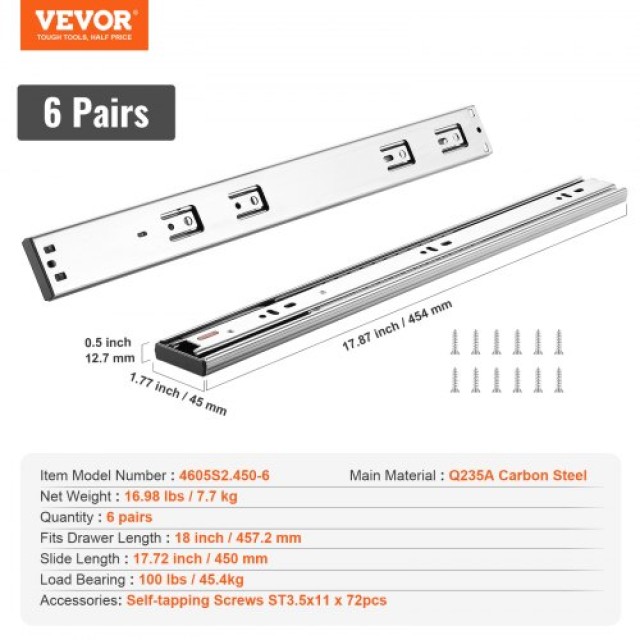 VEVOR  6 Ζεύγη Συρταροθήκες 457.2mm, Πλευρική Τοποθέτηση, Βαρέως Τύ...
