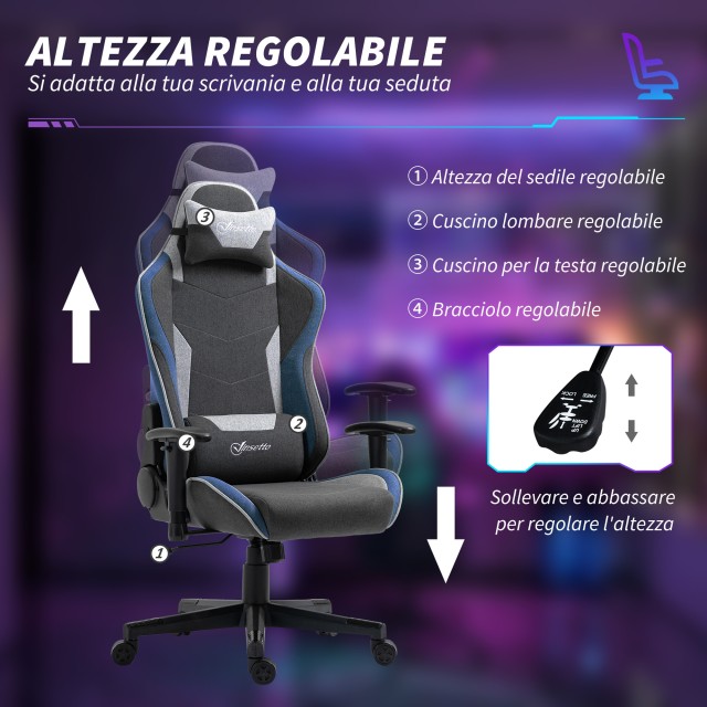 Vinsetto  Καρέκλα Gaming με ανάκλιση 150° και λειτουργία κουνήματος, από ύφασμα με υφή λινού, 66x53x128-138 εκ., Γκρι  921-566V00BU