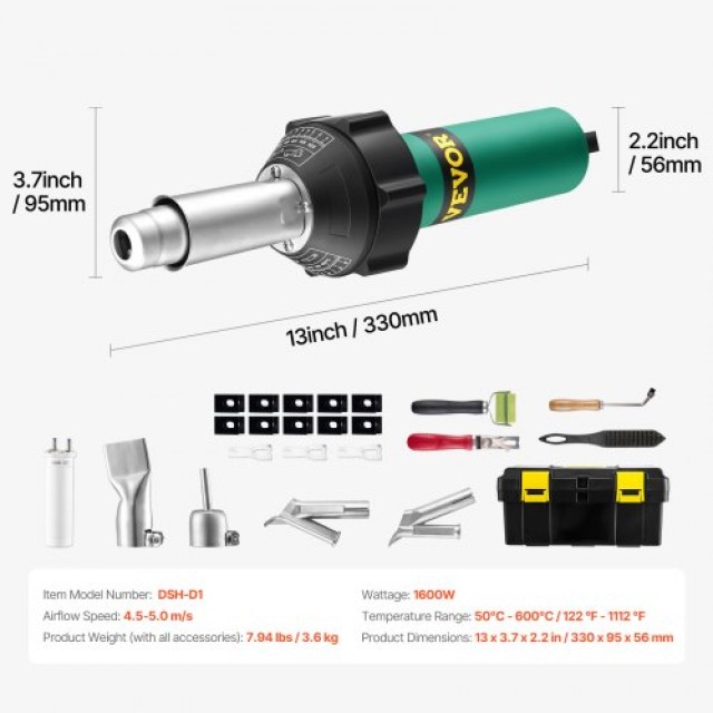 VEVOR  Πλαστικός Συγκολλητής Θερμού Αέρα 1600W με 11 Αξεσουάρ  PVCB...