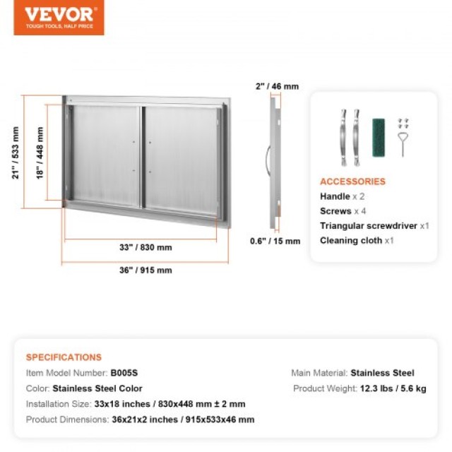 Πόρτα BBQ VEVOR 915x533mm Διπλή Ανοξείδωτη για Εξωτερική Κουζίνα  S...