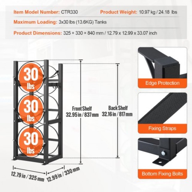 Ράφι Δεξαμενών Ψυκτικού VEVOR για 3 x 30lbs, 32.5x33x84cm, για Φρέον, Αέρια, Οξυγόνο, Άζωτο  QPCFJ305MM28PV5A6V0