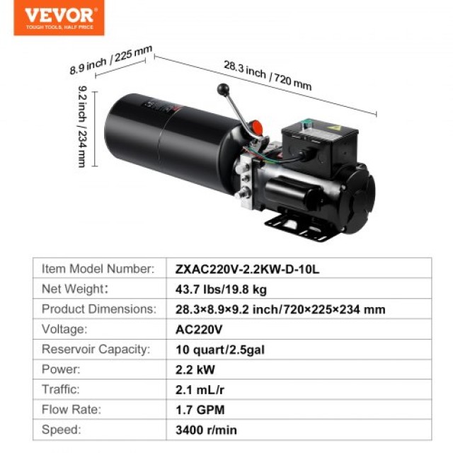 VEVOR Υδραυλική Αντλία 10L Μονής Ενέργειας για Τρέιλερ AC 220V  YXYYB220VJLDLKJ8UV7