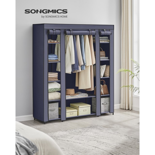 SONGMICS Υφασμάτινη Ντουλάπα, Φορητή Ντουλάπα, 12 Θήκες, Μεταλλικός Σκελετός, Μπλε 45x150x175 εκ. 