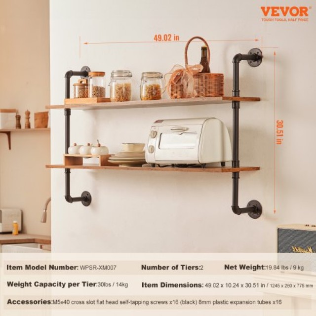 VEVOR  Ράφι Βιομηχανικού Στυλ 2 Επιπέδων 48x9.84in Τοίχου για Κουζί...