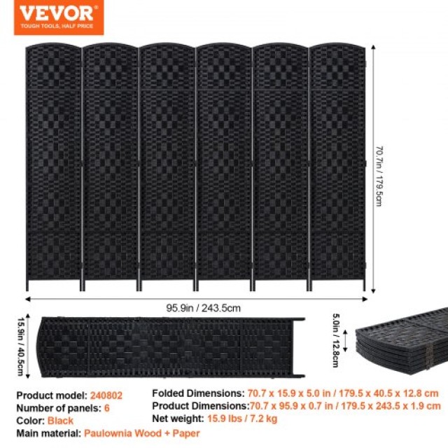 VEVOR  Μαύρο Χειροποίητο Διαχωριστικό 6 Πάνελ με Μεντεσέδες  BZPFZP6MBHS08RXZJV0