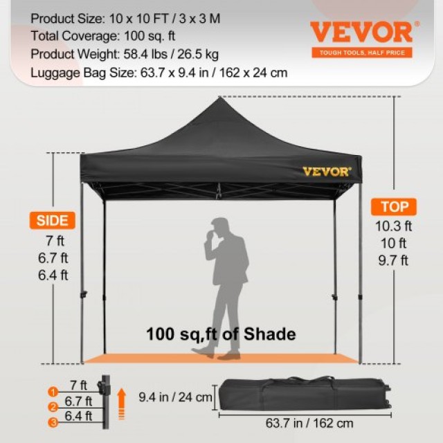 Τέντα VEVOR 3x3m με Αφαιρούμενα Πλευρικά και Τροχήλατη Τσάντα, Μαύρη  DCSLTZP1010FT9BYWV0