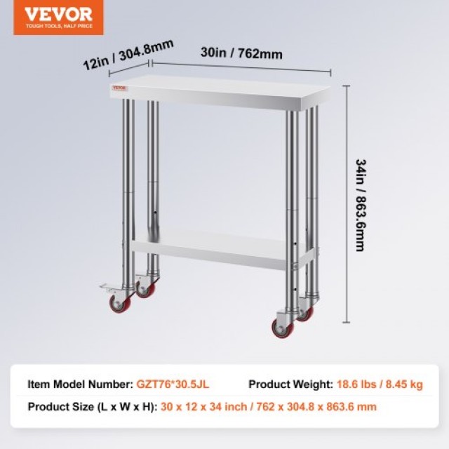 Τραπέζι Εργασίας Ανοξείδωτο VEVOR 30x12 με Ρόδες για Κουζίνα  CFGZT30X12X34YC01V0