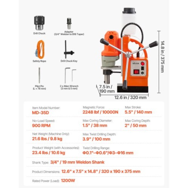 VEVOR Μαγνητικός Δράπανος 1200W 38mm 900 RPM CLZJPCSDJ38MVZAUF001V2