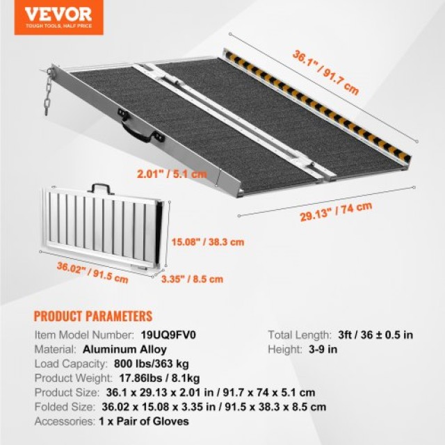 Φορητή Ράμπα Αμαξιδίου VEVOR, 3 ft, 800 lbs, Αντιολισθητική Αλουμιν...