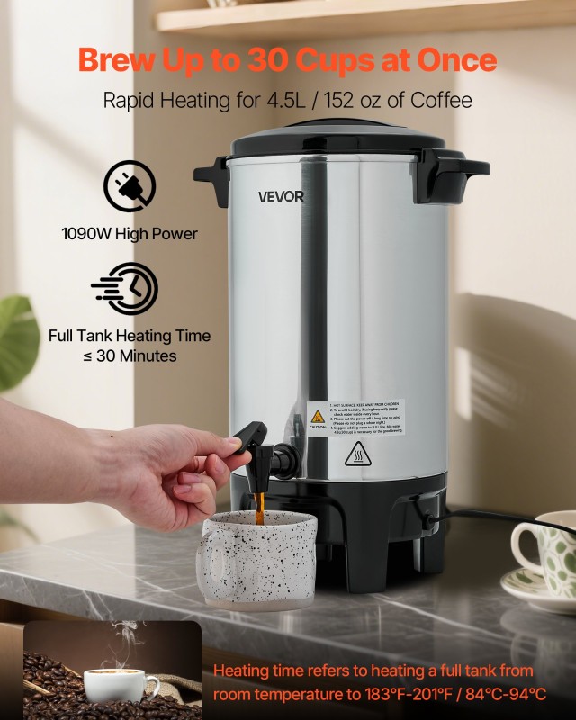 VEVOR Επαγγελματική Καφετιέρα 4.5L, 30 Κούπες, 1190W, 183℉-201℉ SYK...