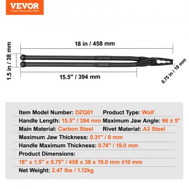 Λαβίδες Σιδηρουργού VEVOR 18” Wolf Jaw, Ανθρακούχο Ατσάλι, για Πεταλοποιία και Σφυρηλάτηση  DZQDPQWOLF18DRJA7V0