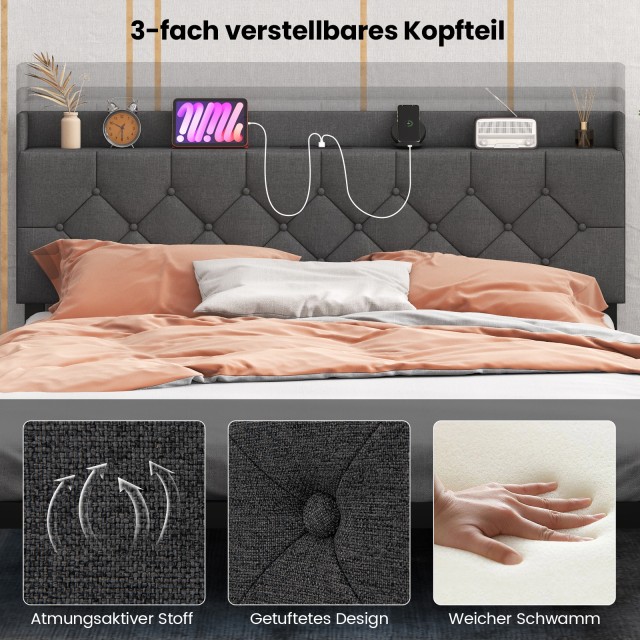 Costway Γκρι Πολυτελές Κρεβάτι με LED και Φόρτιση (160x200 εκ.) HU1...
