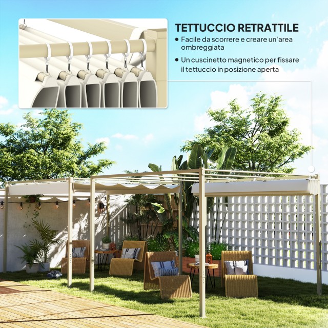 Outsunny  Πέργκολα Κιόσκι 3x3 μ με Ανασυρόμενη Οροφή, 8 Βίδες και 8 Πασάλους, από Πολυεστέρα 180g και Μέταλλο, Χακί  84C-564V00KK