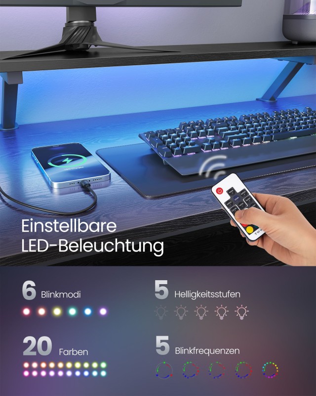 VASAGLE Γραφείο Γωνιακό με Ράφι & LED, 2 Συρτάρια, 2 USB, Μαύρο 