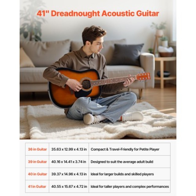 VEVOR Δέσμη Αρχαρίων Ακουστικής Κιθάρας Dreadnought 41 Sunburst με ...
