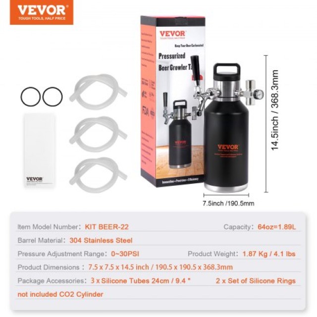 Σύστημα Βρύσης Μπύρας VEVOR, 64Oz 1.89L Μίνι Κεγ, Ανοξείδωτο Ατσάλι 304, Ρυθμιστής CO2, Οθόνη Πίεσης  MNPJTHSYS64OZLGCLV0