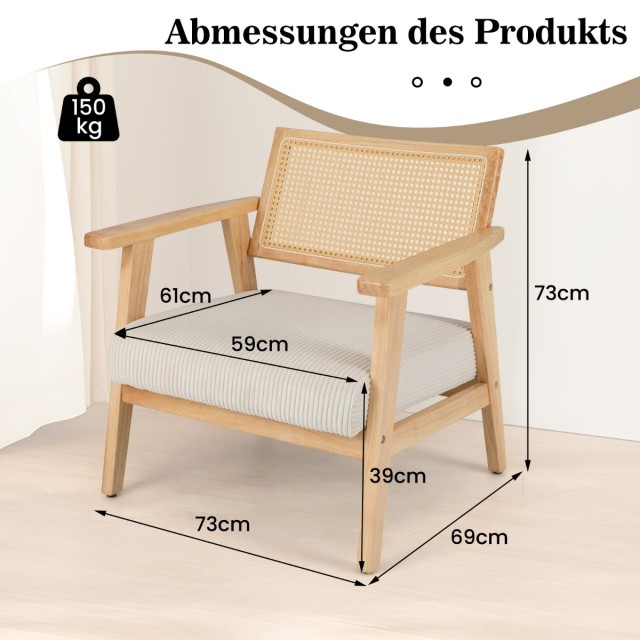 Costway Καναπές 69 x 73 x 73 εκ με Ψάθινη Πλάτη και Μαξιλαρωτό Κάθι...