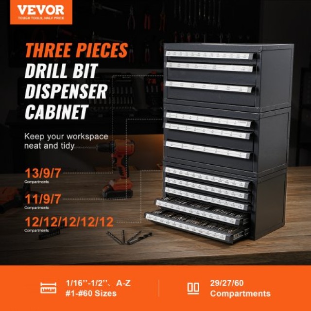VEVOR Ντουλάπι Διάθεσης Τρυπανιών, 3 Συρτάρια για 1/16 έως 1/2 & Γράμματα A έως Z, Πέντε Συρτάρια για Μεγέθη Σύρματος #1 έως #60, Στοιβαζόμενο για Αποθήκευση Τρυπανιών  ZTFPGJXWSJTZQHBVLV0
