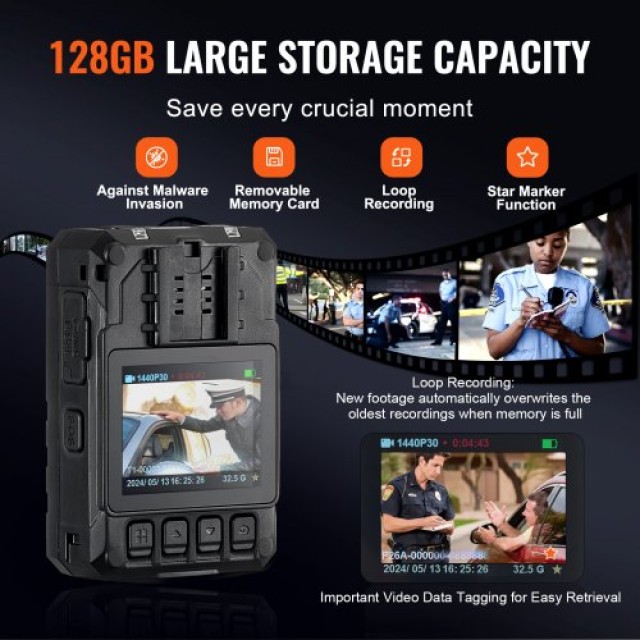 Κάμερα Σώματος VEVOR 1440P 128G με GPS και Νυχτερινή Όραση  JYZFJLY1440PX6Z6GV2
