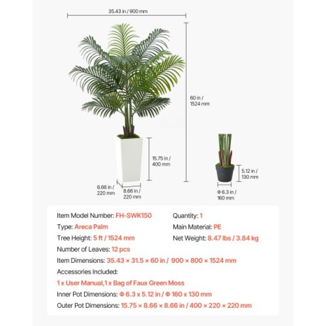 VEVOR Διακοσμητικός Τεχνητός Φοίνικας  Areca  ύψους 152,4 cm με λευ...