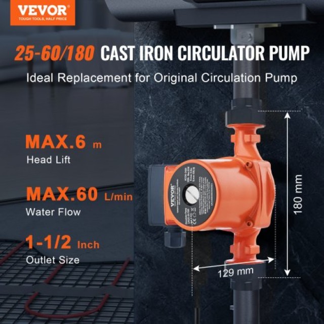 VEVOR  Αντλία Κυκλοφορίας Ζεστού Νερού 220V 92W, 60 L/min, 6m, 1-1/...