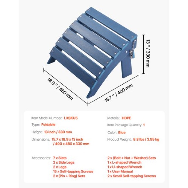 VEVOR Πτυσσόμενο Υποπόδιο HDPE Μπλε 15.7x18.9x13 Ίντσες KZDADLDKTTQPGNCW0V0