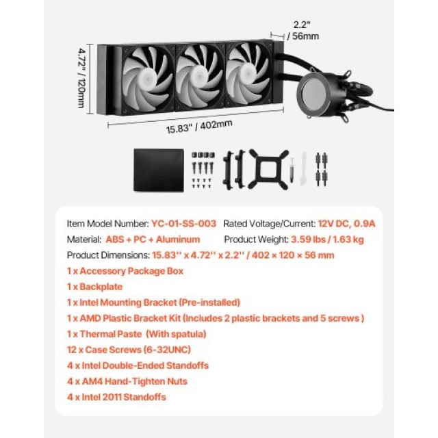 VEVOR Ψύκτρα Υγρού CPU AIO με ARGB Φωτισμό & 3 PWN Ανεμιστήρες (120mm) CPULQFSSLDPBIC6GAV9