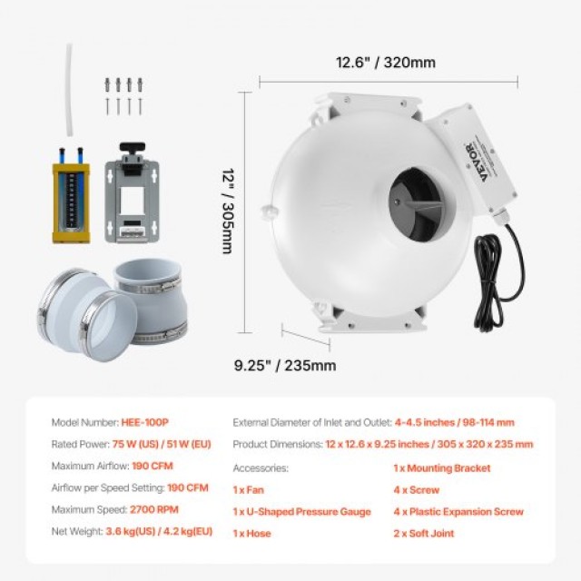 VEVOR  Σύστημα Ανεμιστήρα Ραδονίου 4-4.5 190 CFM Αθόρυβο  DFSTJ4INC...