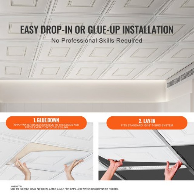 VEVOR Πλακάκια Οροφής 12τμχ 24x24in PVC Εύκολη Εγκατάσταση Λευκά Γε...