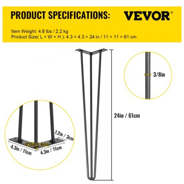 Σετ 4 Μαύρα Πόδια Τραπεζιού VEVOR 24 για Βάρος 220lbs από Ανθρακοχάλυβα  TZZT4PCS24YC3G001V0
