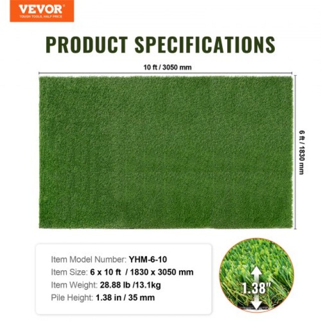 VEVOR Τεχνητό Γκαζόν 1.8 x 3 m, 35mm Χαλάκι Εξωτερικού Χώρου, Πράσινο, Εύκολο Καθάρισμα με Οπές Αποστράγγισης  RZCP1J6X10FTJ1STHV0