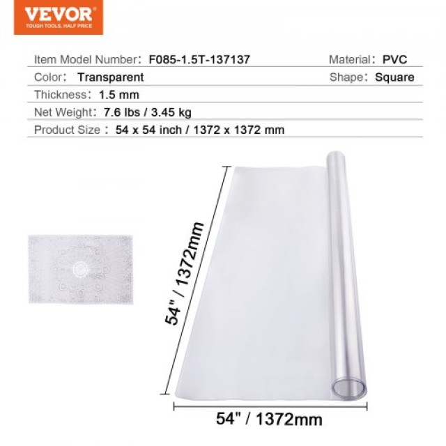 Διαφανές Προστατευτικό Τραπεζιού VEVOR PVC 54x54 εκ. 1.5mm  ZFXPVCZB54X5DA0CAV0