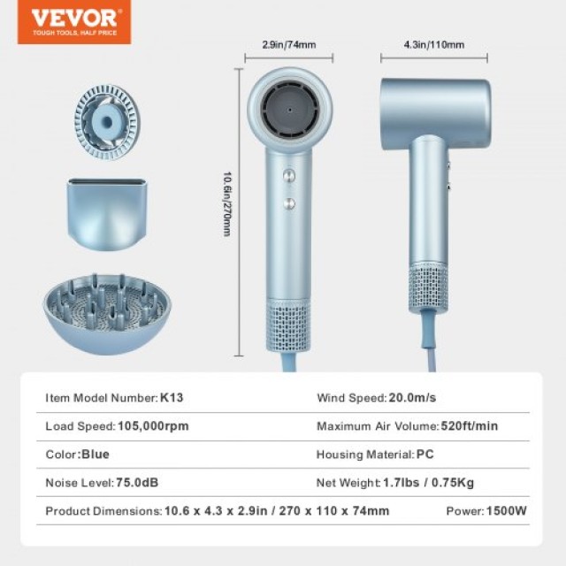 Γρήγορο Πιστολάκι VEVOR 105000RPM με Ιόντα & Ρυθμίσεις Θερμοκρασίας/Ταχύτητας  GSCFJ1800WWSZYI9NV2