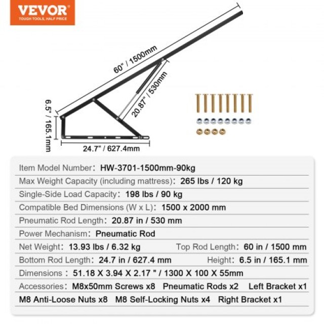 VEVOR  Σετ Ανύψωσης Κρεβατιού 59x79 ιντσών, 265 lbs, DIY Τοίχου CXSJQ1500MM9808RRV0